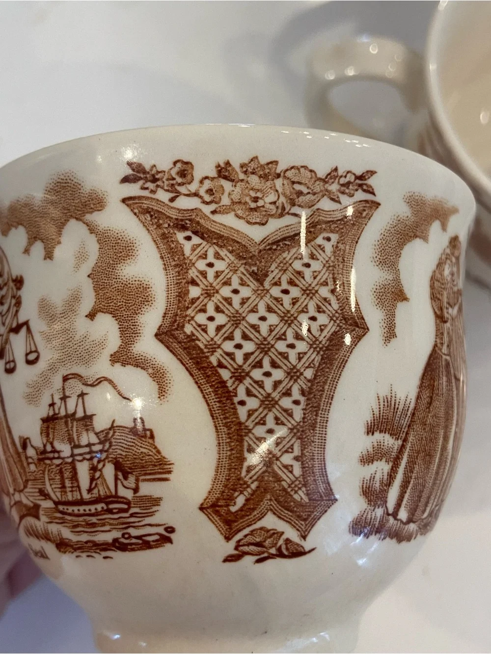Tea Cup & Saucer Service For (8) New York Harbor Scene, State Seal By Fair Winds